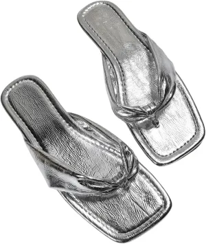GORGLITTER Women's Flip Flops Flat Sandals Dressy Metallic Square Toe Thong Vacation Summer Weeding Slides Sandals