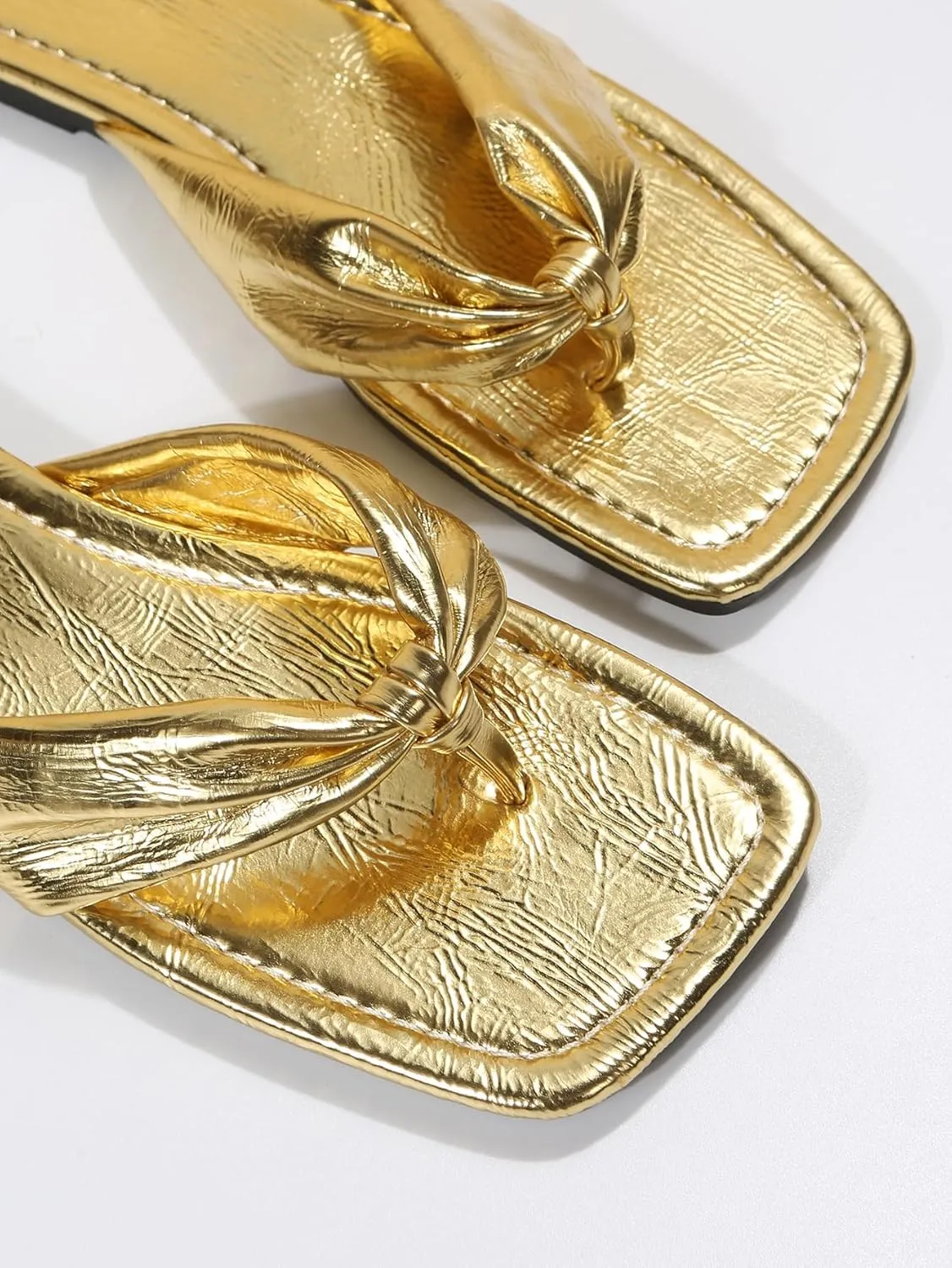 GORGLITTER Women's Flip Flops Flat Sandals Dressy Metallic Square Toe Thong Vacation Summer Weeding Slides Sandals