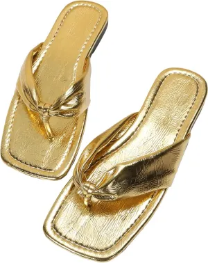 GORGLITTER Women's Flip Flops Flat Sandals Dressy Metallic Square Toe Thong Vacation Summer Weeding Slides Sandals