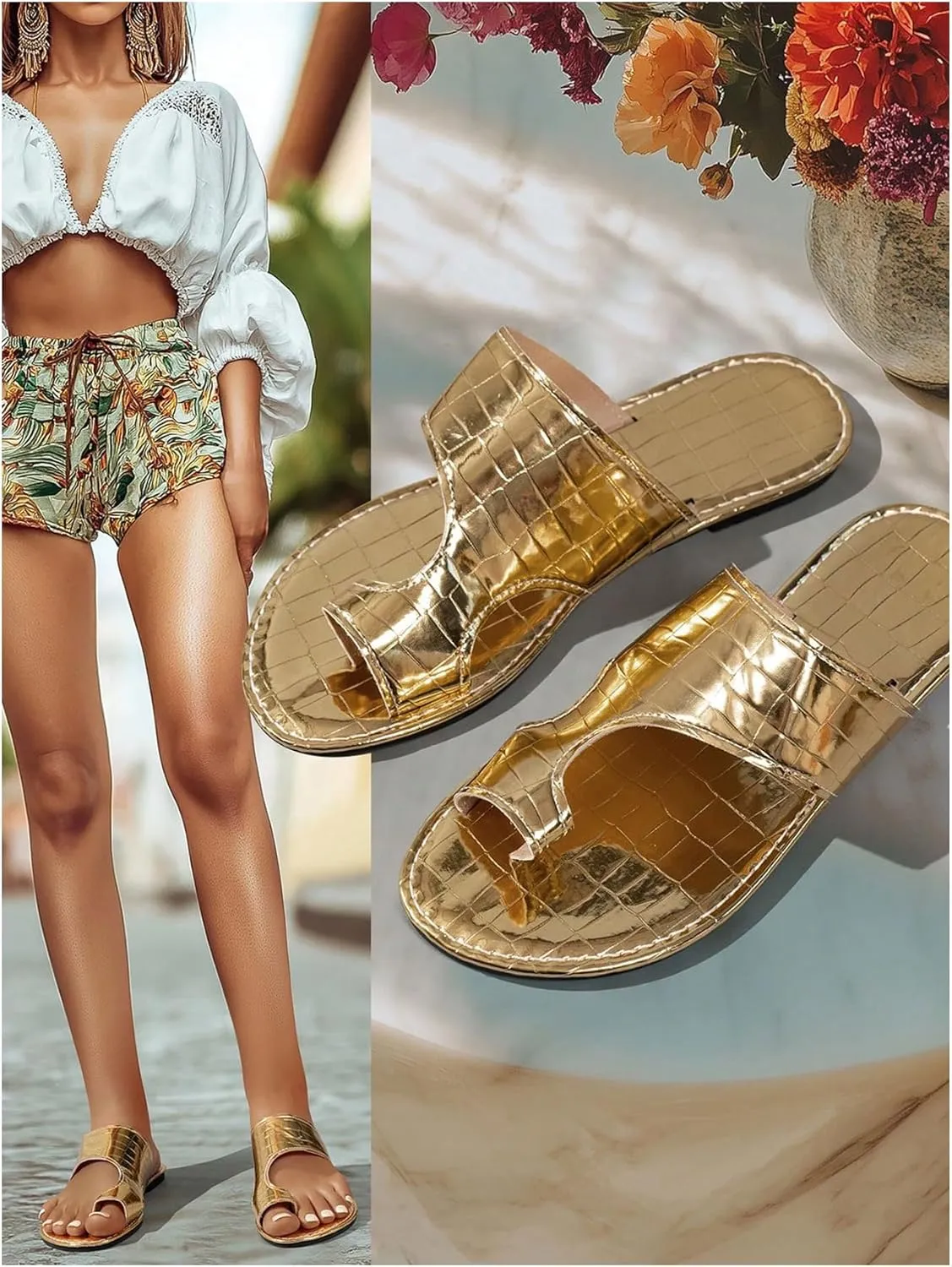 GORGLITTER Women's Gold Metallic Cut Out Flat Sandals Dressy Toe Ring Vacation Slides Flip Flops
