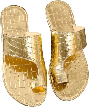 GORGLITTER Women's Gold Metallic Cut Out Flat Sandals Dressy Toe Ring Vacation Slides Flip Flops