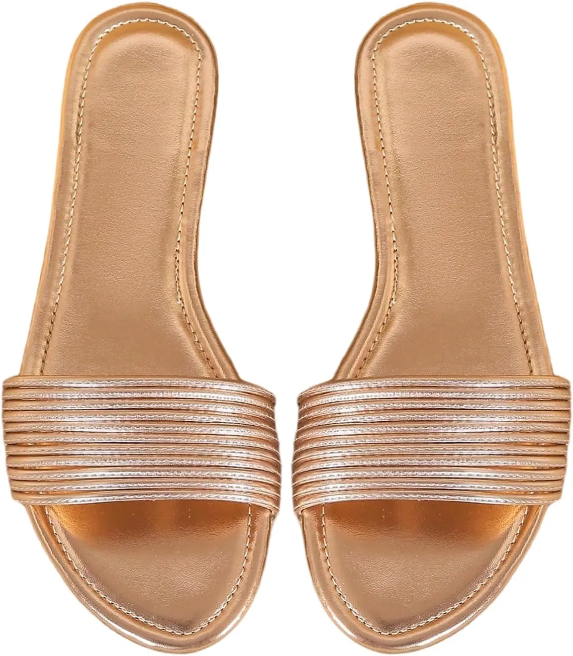 GORGLITTER Women's Gold Slides Square Toe Flat Sandals Dressy 2025 Metallic Slide on Sandal
