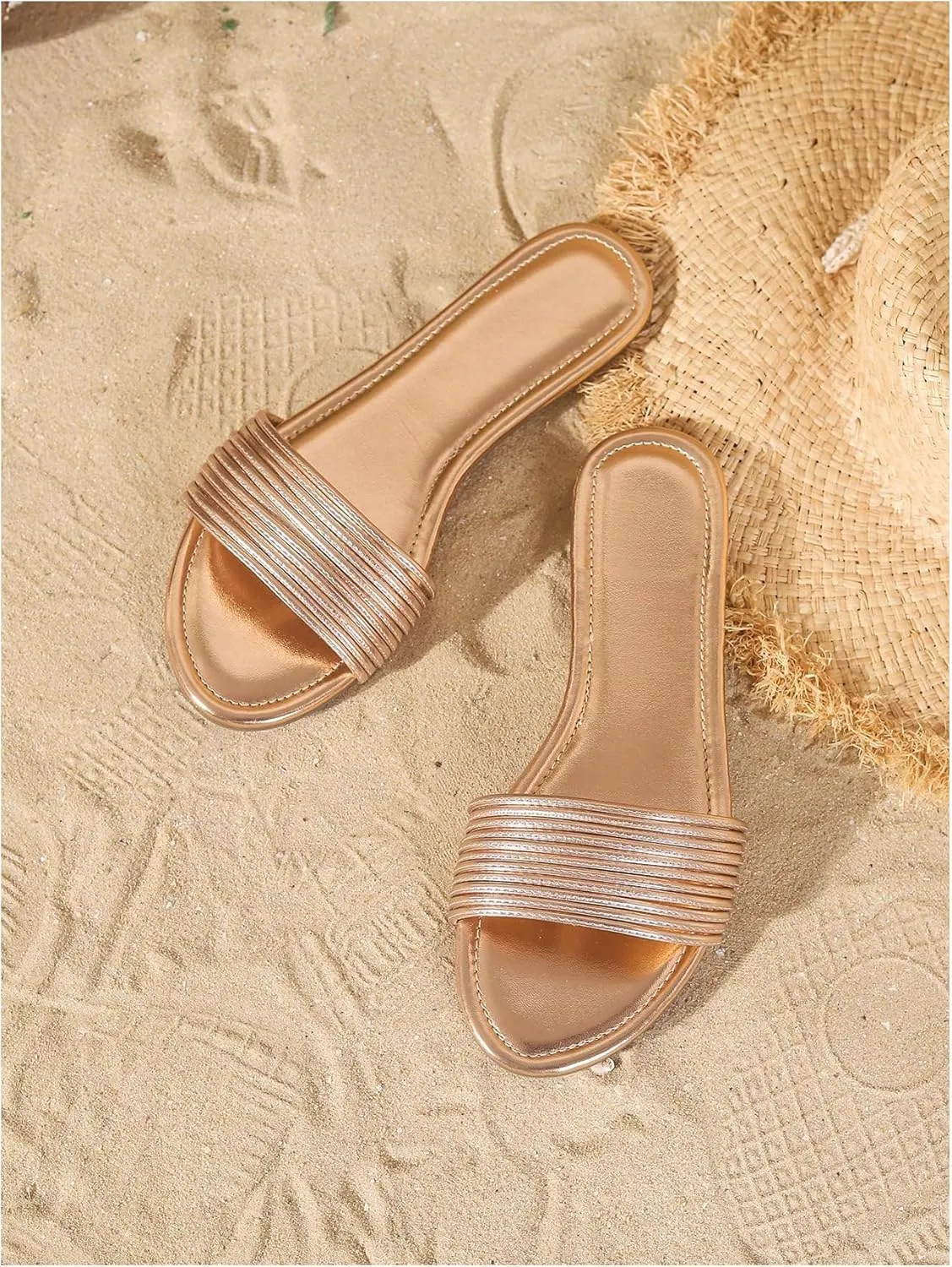 GORGLITTER Women's Gold Slides Square Toe Flat Sandals Dressy 2025 Metallic Slide on Sandal