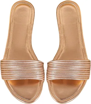GORGLITTER Women's Gold Slides Square Toe Flat Sandals Dressy 2025 Metallic Slide on Sandal