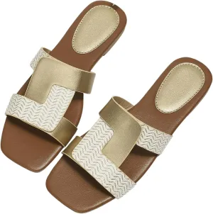 GORGLITTER Women's Metallic Cross Band Flat Sandals Open Square Toe Summer Dressy Slide Sandals