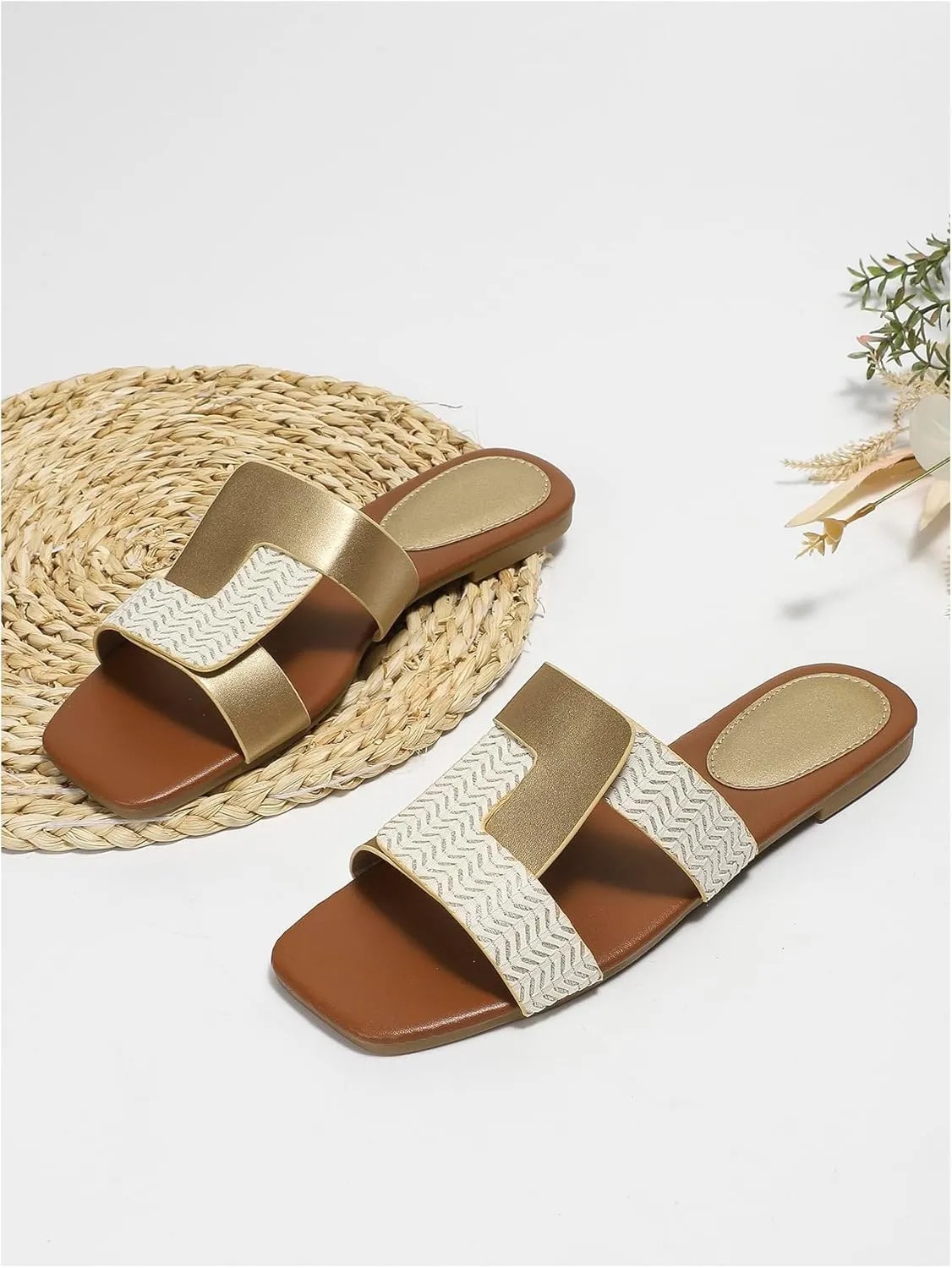 GORGLITTER Women's Metallic Cross Band Flat Sandals Open Square Toe Summer Dressy Slide Sandals