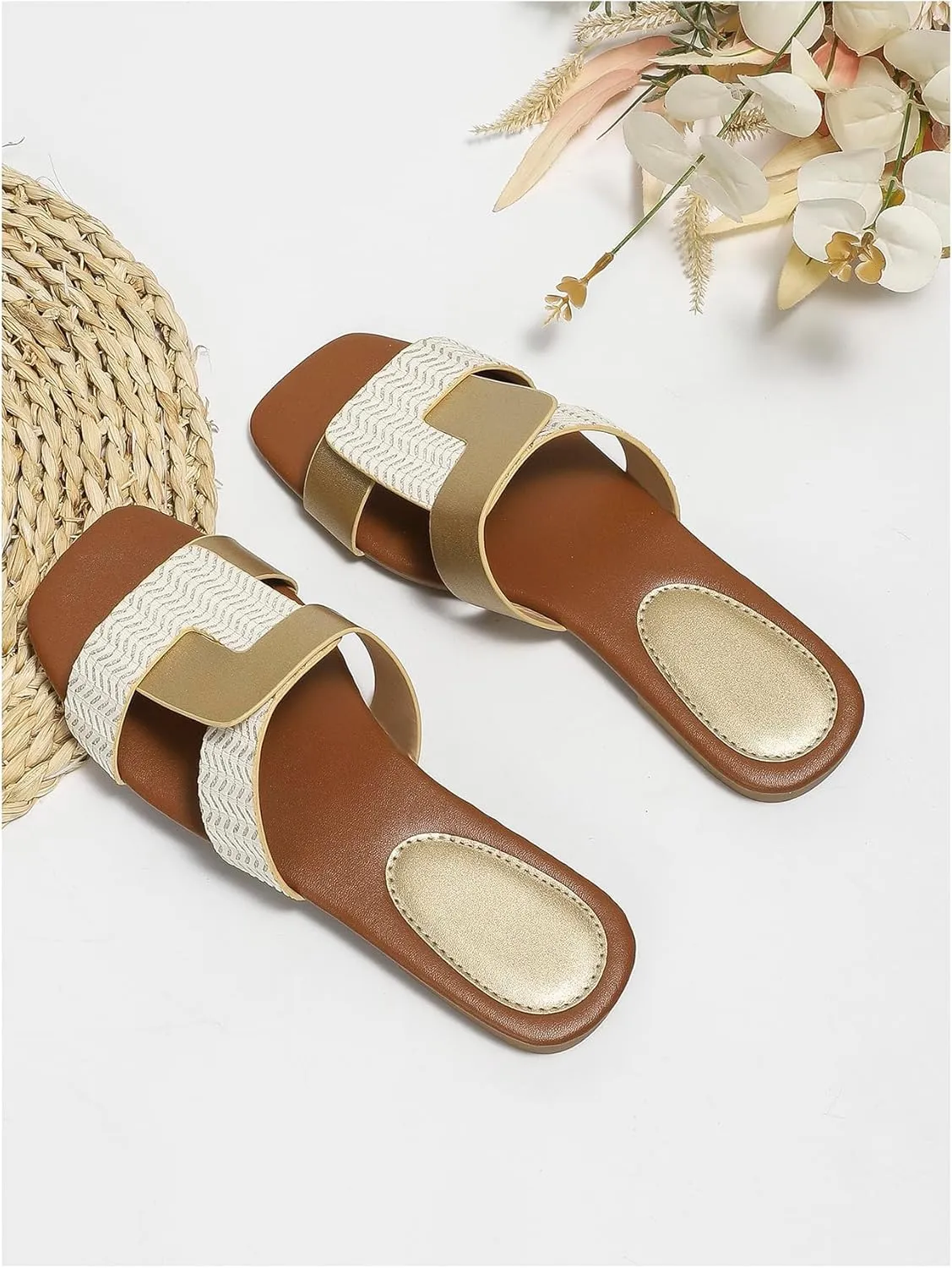 GORGLITTER Women's Metallic Cross Band Flat Sandals Open Square Toe Summer Dressy Slide Sandals