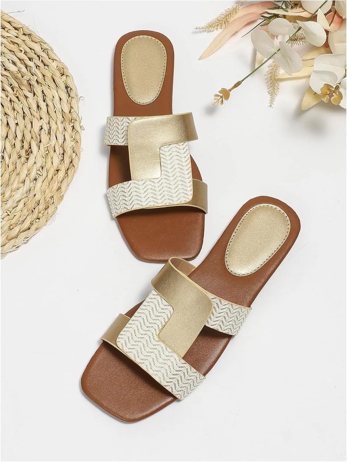 GORGLITTER Women's Metallic Cross Band Flat Sandals Open Square Toe Summer Dressy Slide Sandals