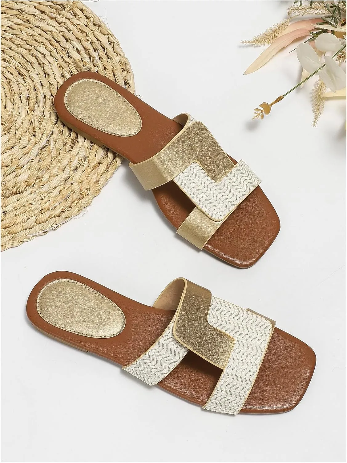 GORGLITTER Women's Metallic Cross Band Flat Sandals Open Square Toe Summer Dressy Slide Sandals