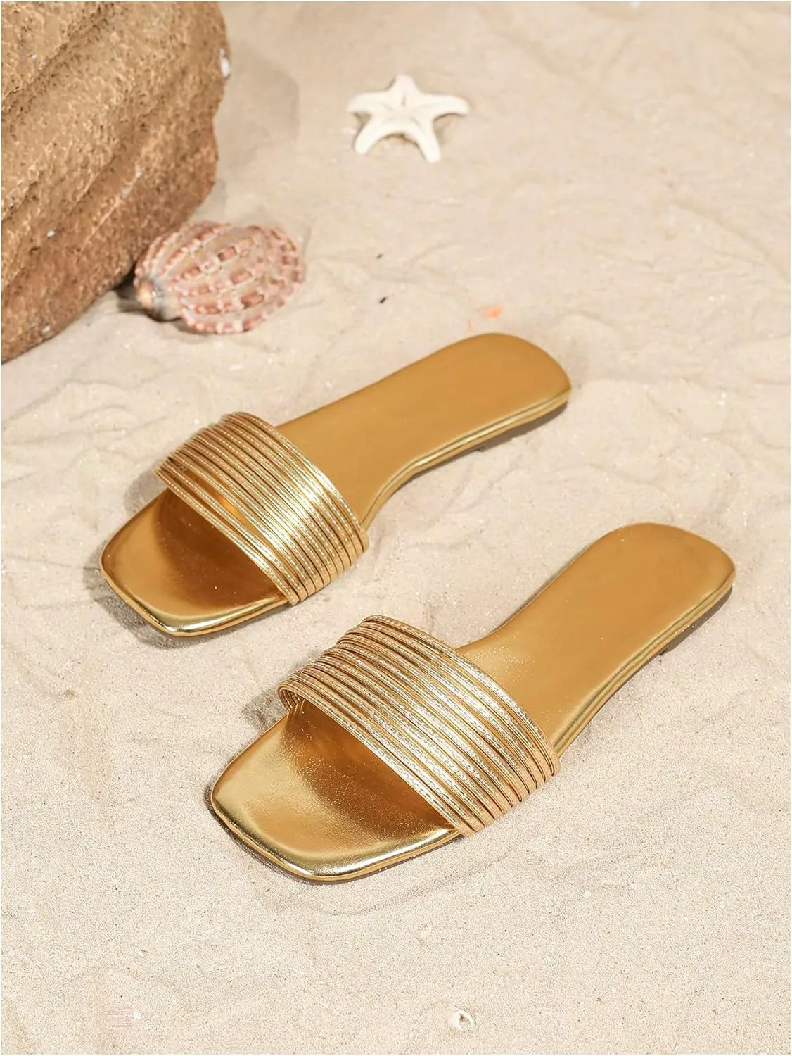 GORGLITTER Women's Metallic Flat Sandals Dressy 2025 Open Toe Summer Beach Slides