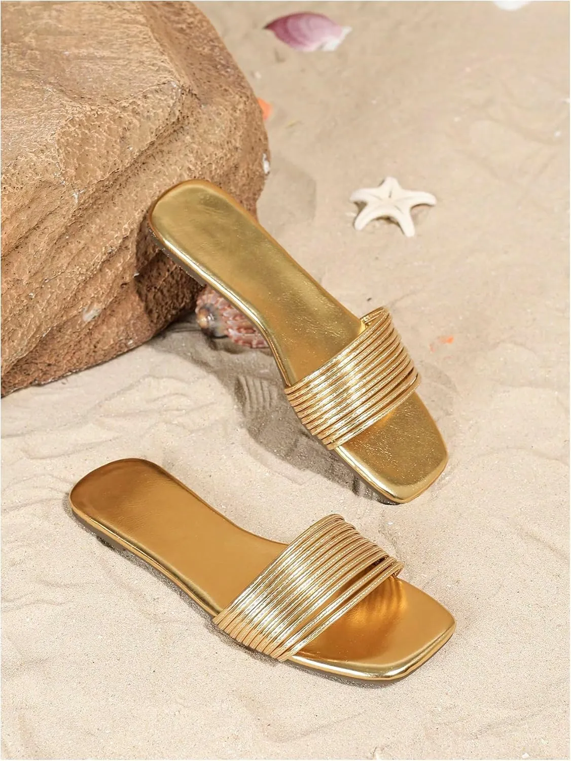 GORGLITTER Women's Metallic Flat Sandals Dressy 2025 Open Toe Summer Beach Slides