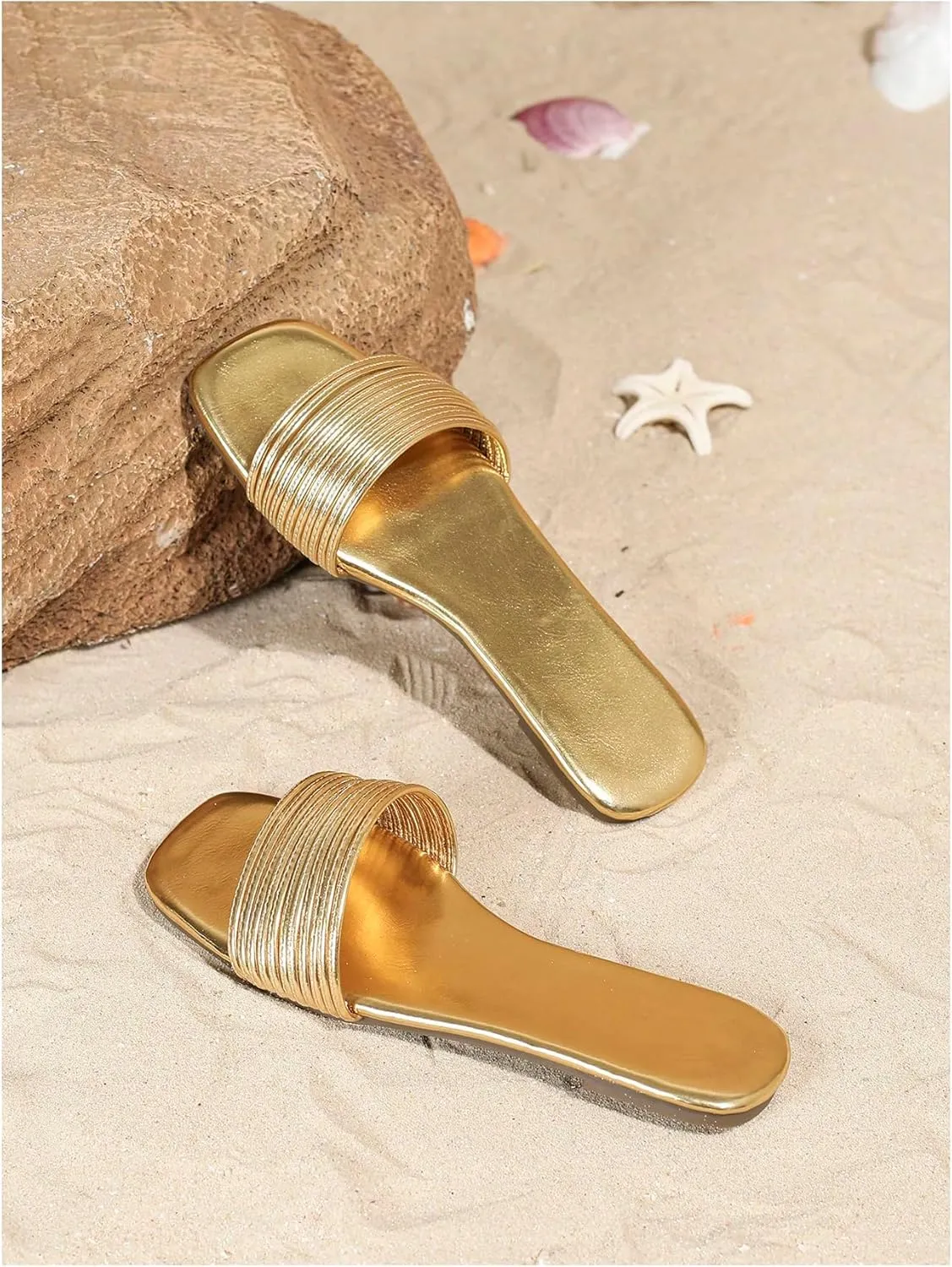 GORGLITTER Women's Metallic Flat Sandals Dressy 2025 Open Toe Summer Beach Slides