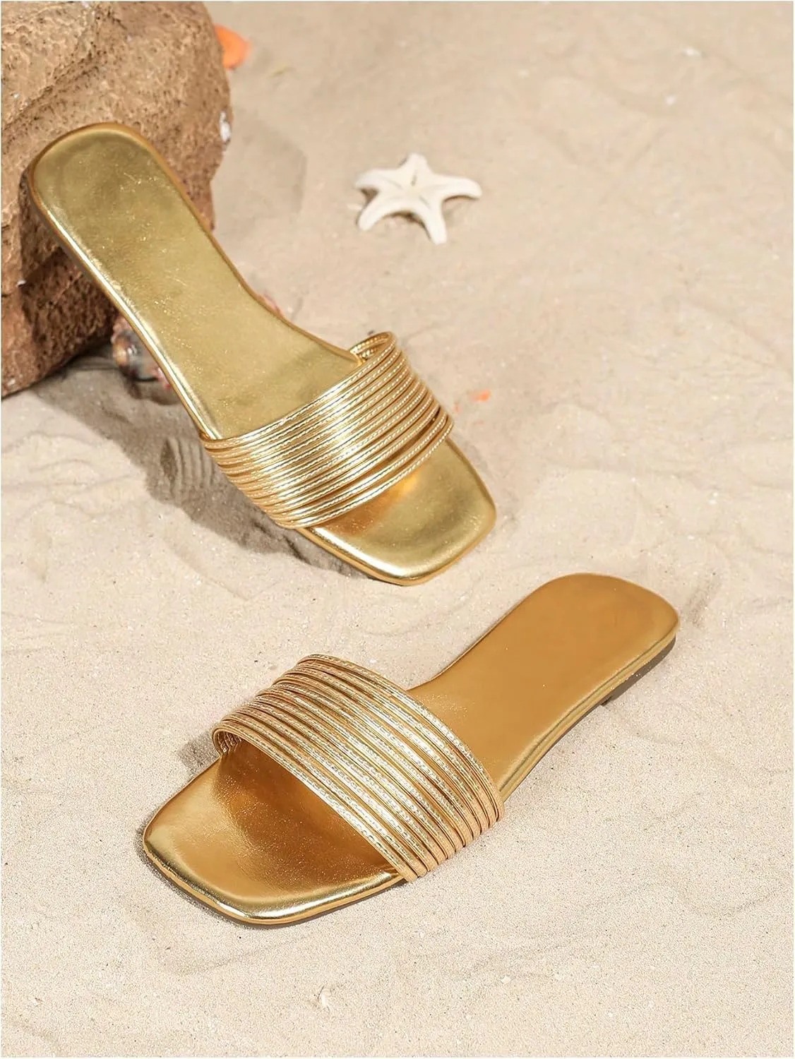 GORGLITTER Women's Metallic Flat Sandals Dressy 2025 Open Toe Summer Beach Slides
