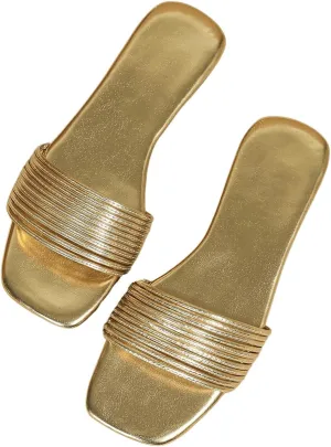GORGLITTER Women's Metallic Flat Sandals Dressy 2025 Open Toe Summer Beach Slides