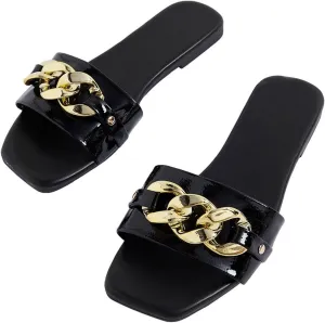 GORGLITTER Women's Metallic Flat Sandals Open Toe Single Band Slide Sandals