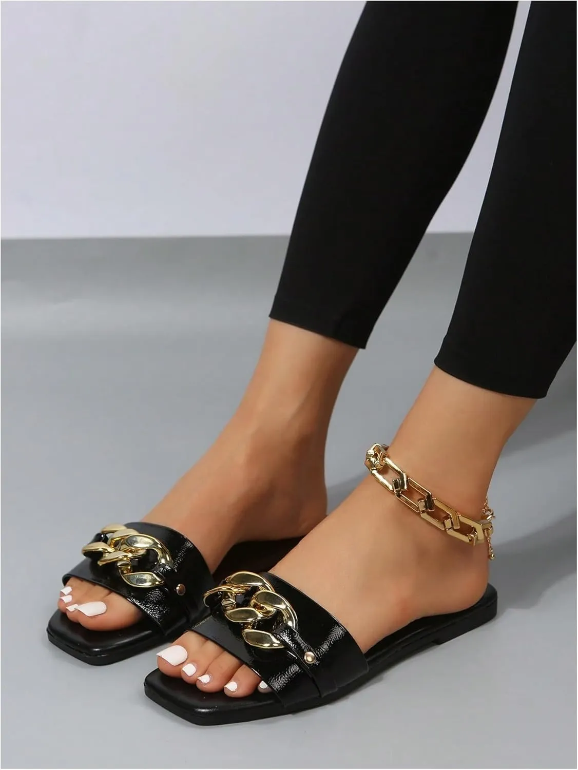 GORGLITTER Women's Metallic Flat Sandals Open Toe Single Band Slide Sandals