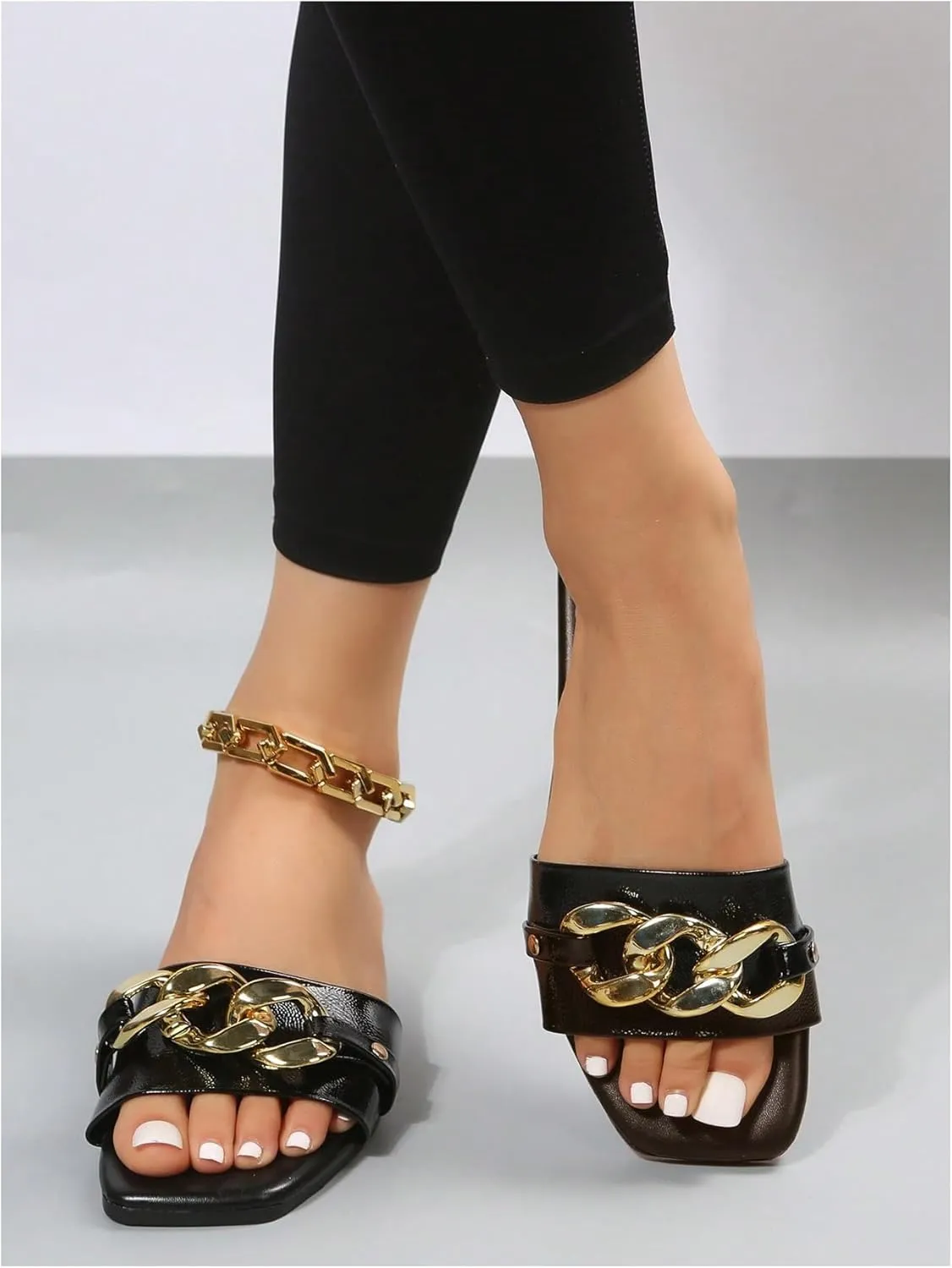 GORGLITTER Women's Metallic Flat Sandals Open Toe Single Band Slide Sandals