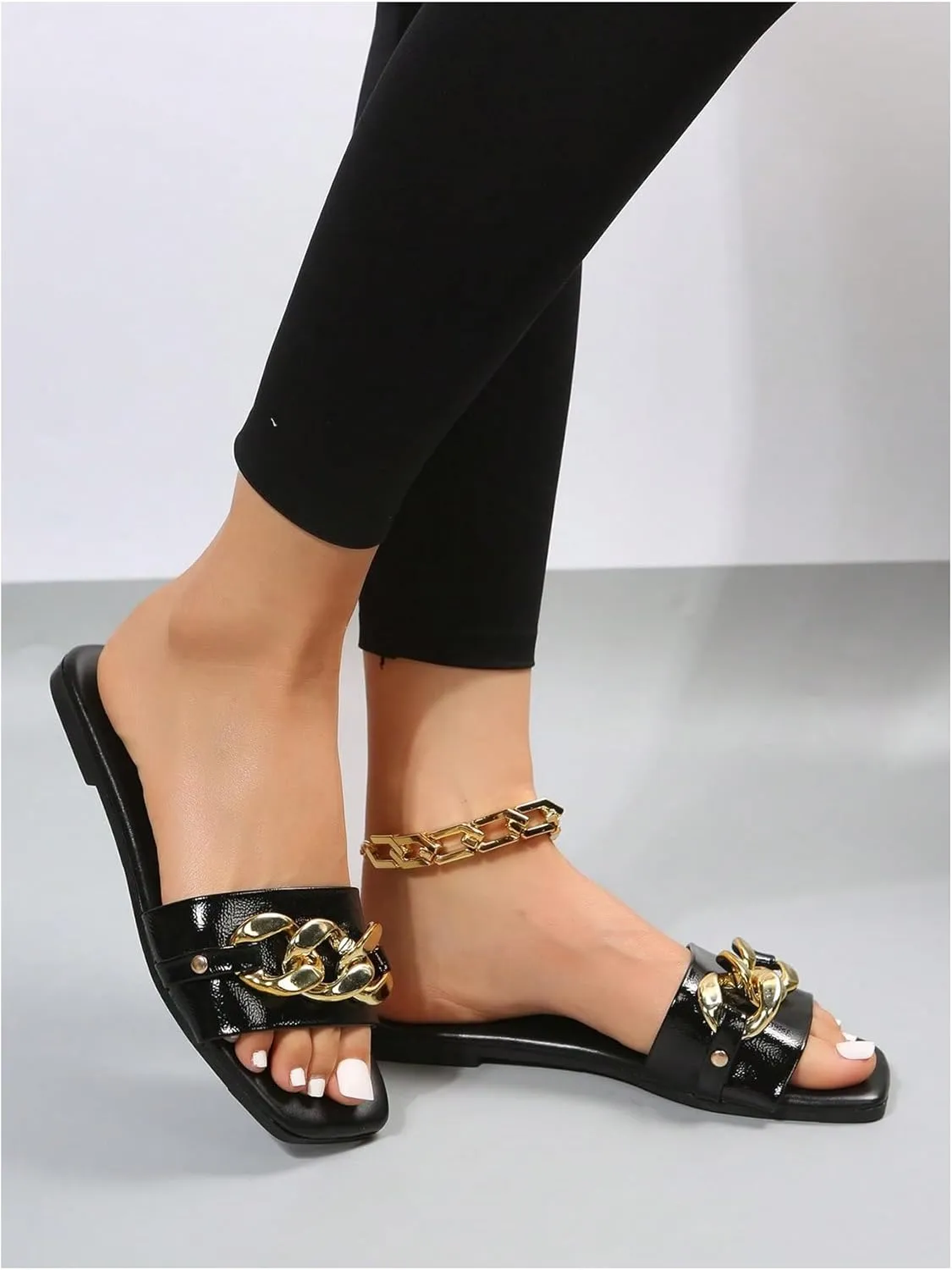 GORGLITTER Women's Metallic Flat Sandals Open Toe Single Band Slide Sandals