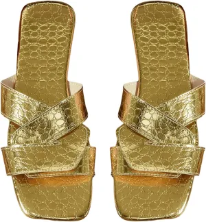 GORGLITTER Women's Metallic Flat Sandals Slip on Open Toe Wedding Vacation Slide Sandals