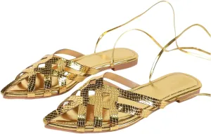 GORGLITTER Women's Metallic Lace Up Flat Sandals Pointy Toe Wrap Tie Up Gladiator Sandals