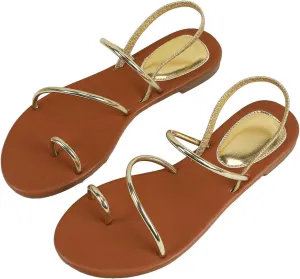 GORGLITTER Women's Metallic Sparkly Strappy Flats Sandal Cute Toe Ring Ankle Sandals Gold 6.5