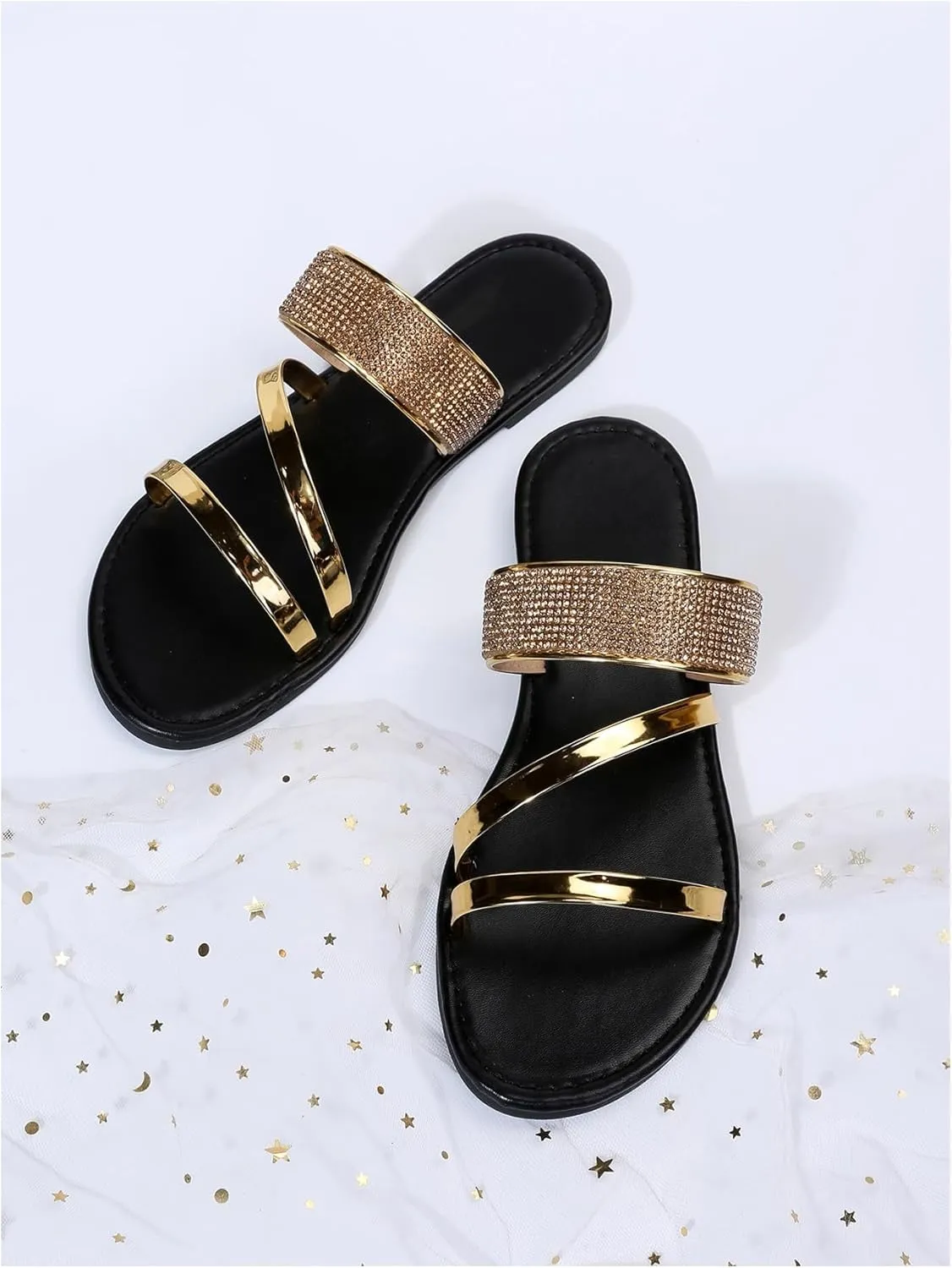 GORGLITTER Women's Metallic Strappy Flat Sandals Dressy Sparkly Open Toe Slide Vacation Summer Sandals