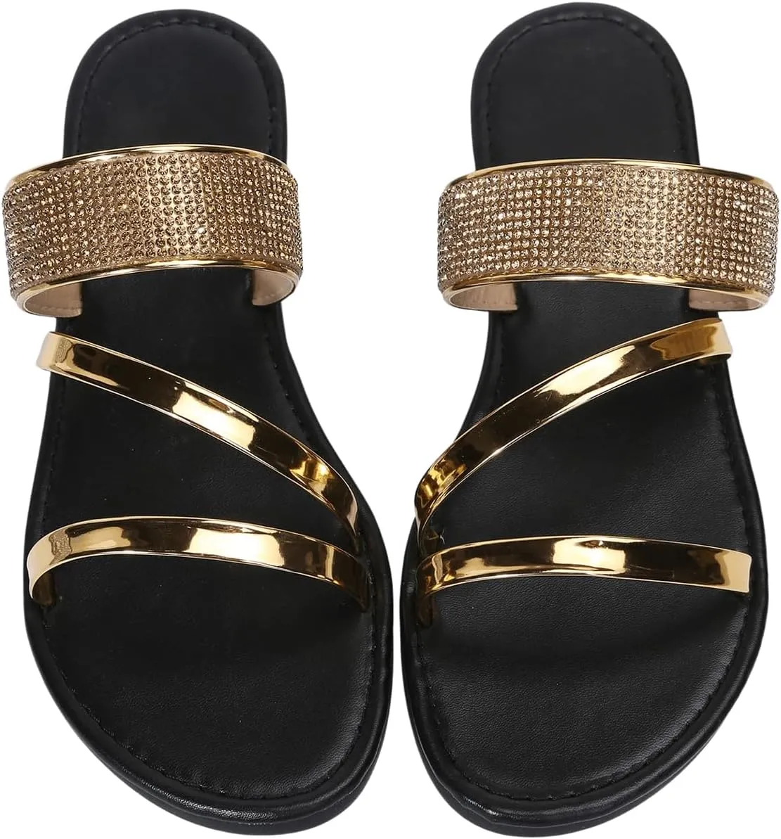 GORGLITTER Women's Metallic Strappy Flat Sandals Dressy Sparkly Open Toe Slide Vacation Summer Sandals