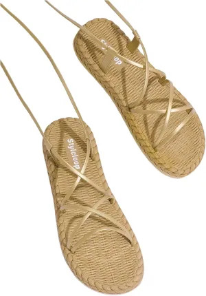 GORGLITTER Women's Metallic Strappy Flat Sandals Open Toe Crisscross Lace Up Summer Shoes