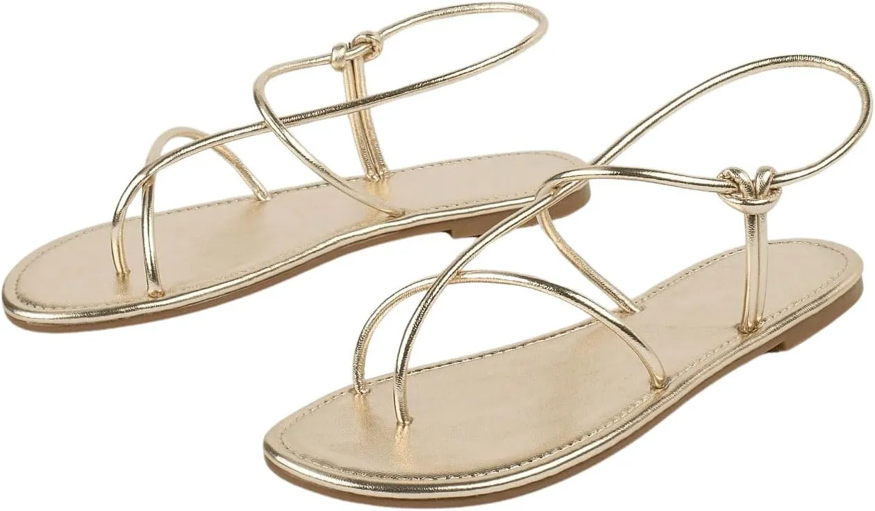 GORGLITTER Women's Metallic Strappy Flat Sandals Open Toe Dressy Summer Beach Thong Slides