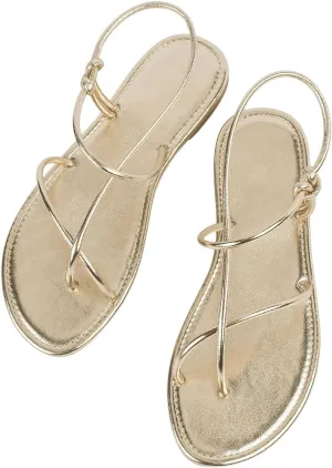 GORGLITTER Women's Metallic Strappy Flat Sandals Open Toe Dressy Summer Beach Thong Slides