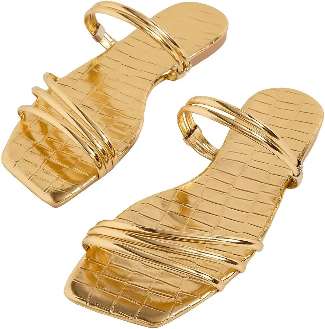 GORGLITTER Women's Metallic Strappy Flat Sandals PU Leather Square Open Toe Vacation Slide Sandals