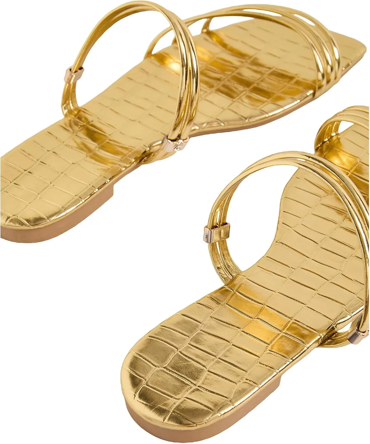 GORGLITTER Women's Metallic Strappy Flat Sandals PU Leather Square Open Toe Vacation Slide Sandals