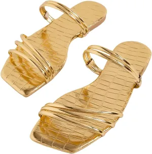 GORGLITTER Women's Metallic Strappy Flat Sandals PU Leather Square Open Toe Vacation Slide Sandals