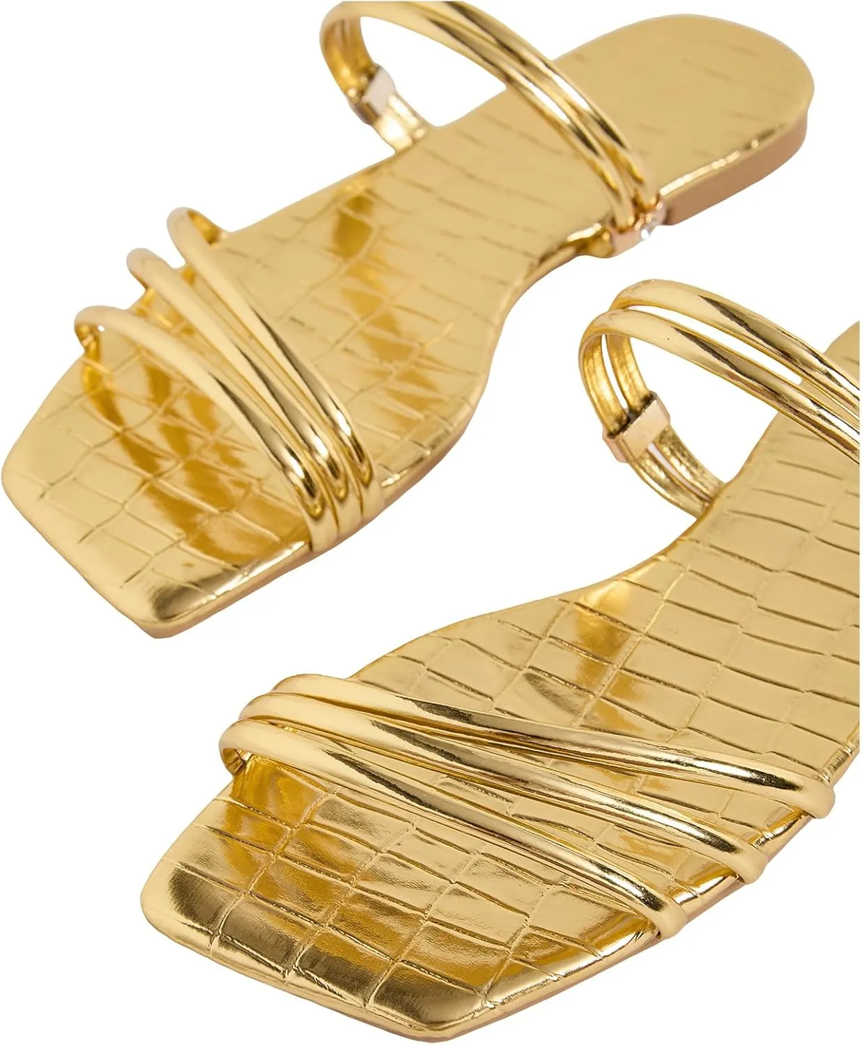 GORGLITTER Women's Metallic Strappy Flat Sandals PU Leather Square Open Toe Vacation Slide Sandals