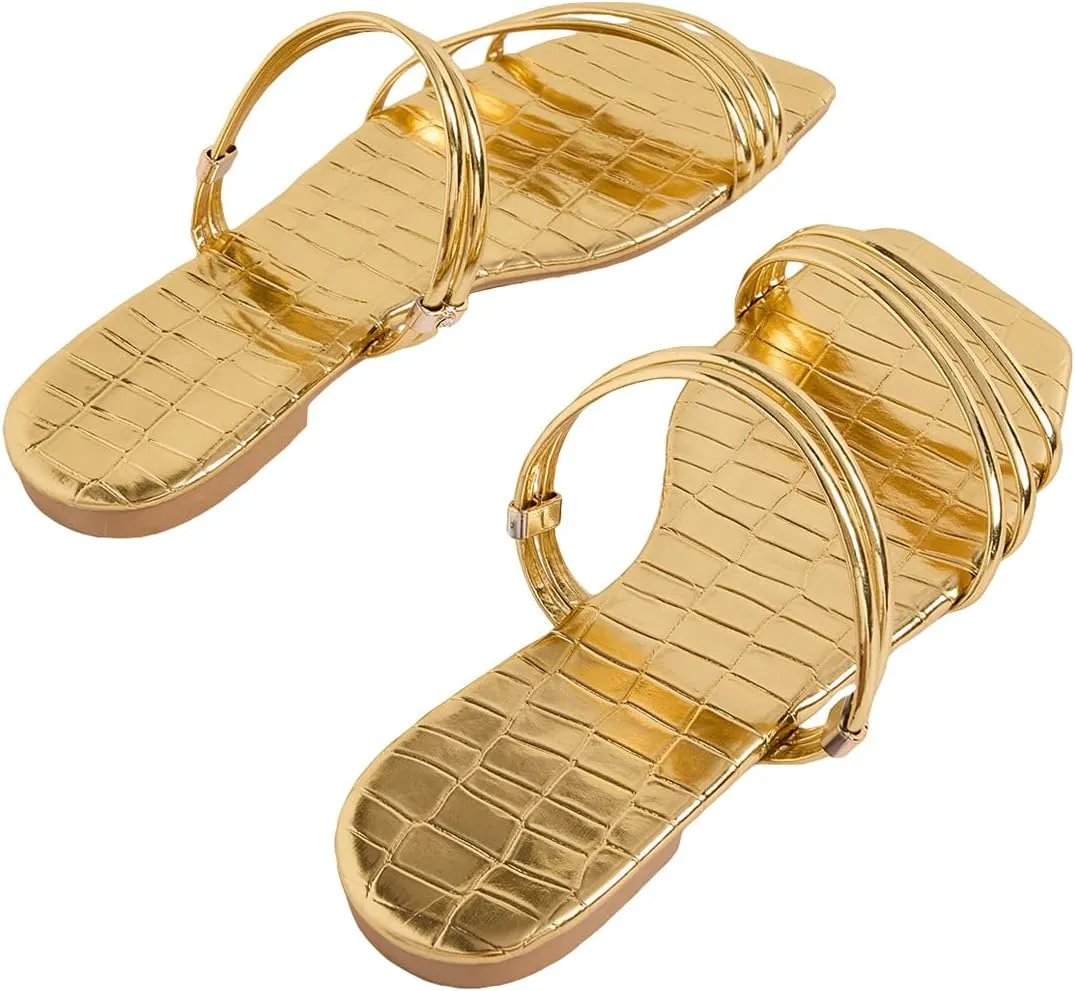 GORGLITTER Women's Metallic Strappy Flat Sandals PU Leather Square Open Toe Vacation Slide Sandals