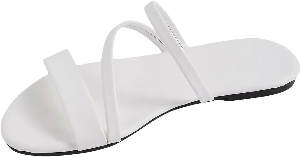 GORGLITTER Women's Metallic Strappy Open Toe Flat Sandal PU Leather Summer Slides Sandals