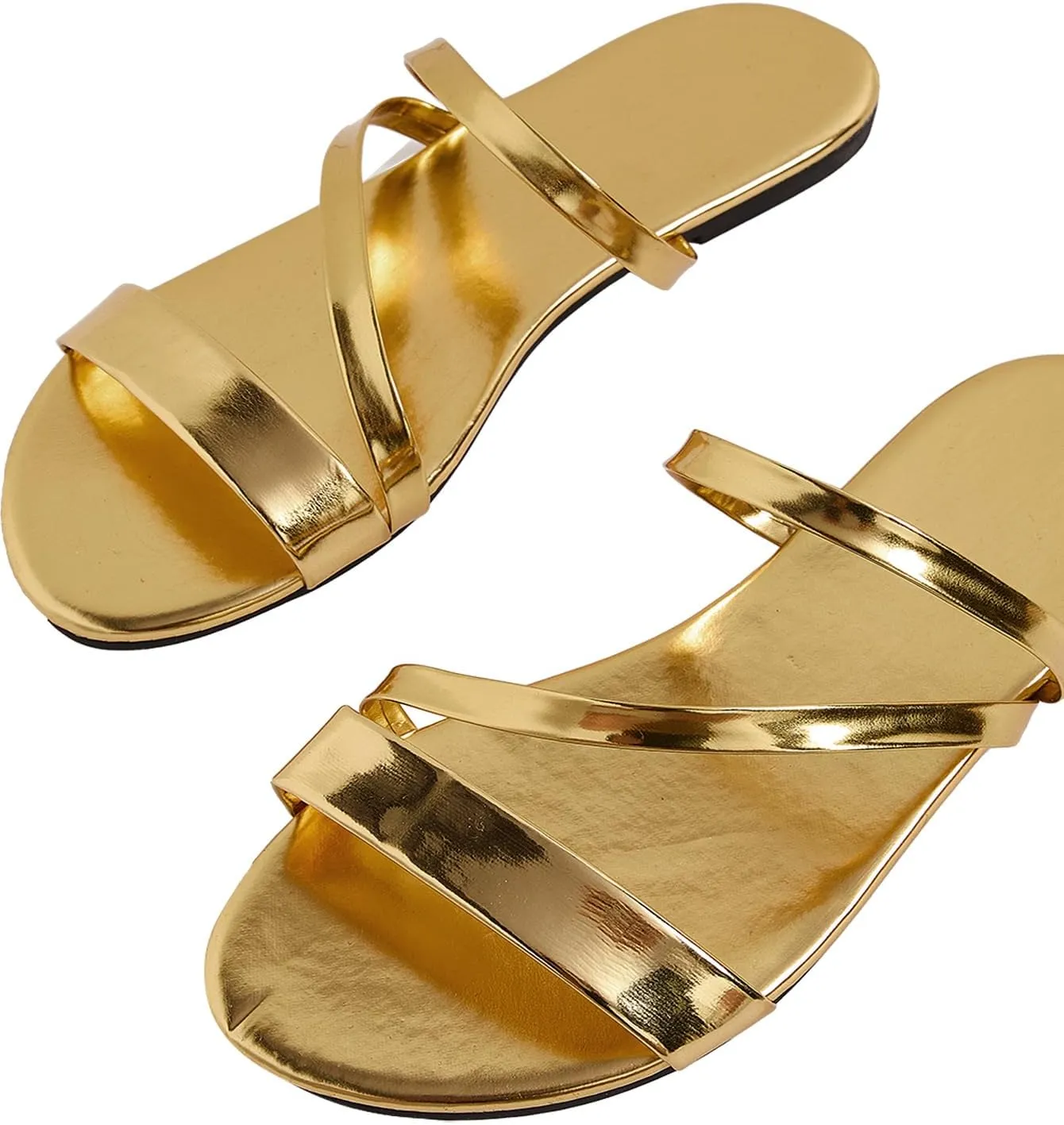 GORGLITTER Women's Metallic Strappy Open Toe Flat Sandal PU Leather Summer Slides Sandals