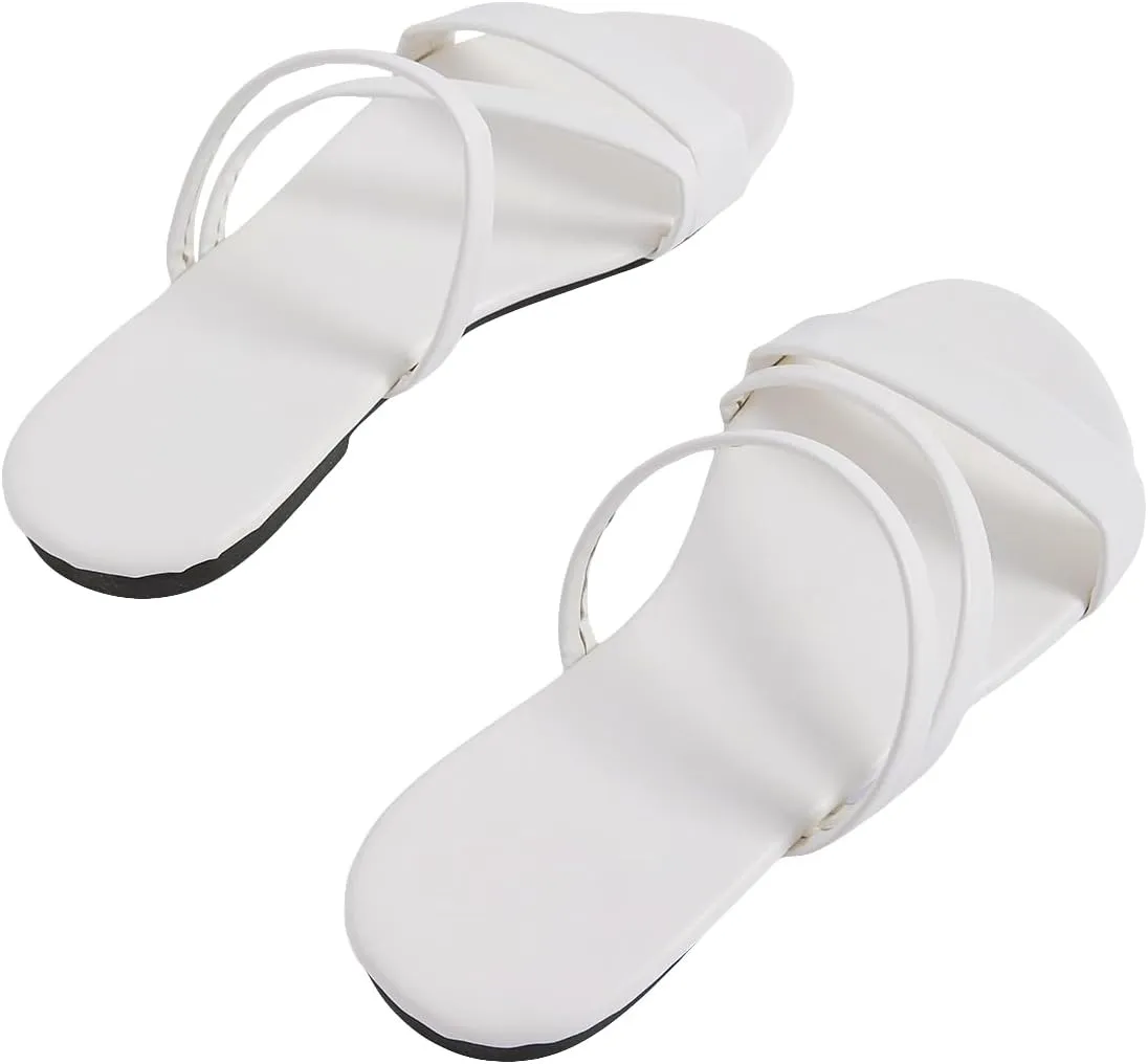 GORGLITTER Women's Metallic Strappy Open Toe Flat Sandal PU Leather Summer Slides Sandals