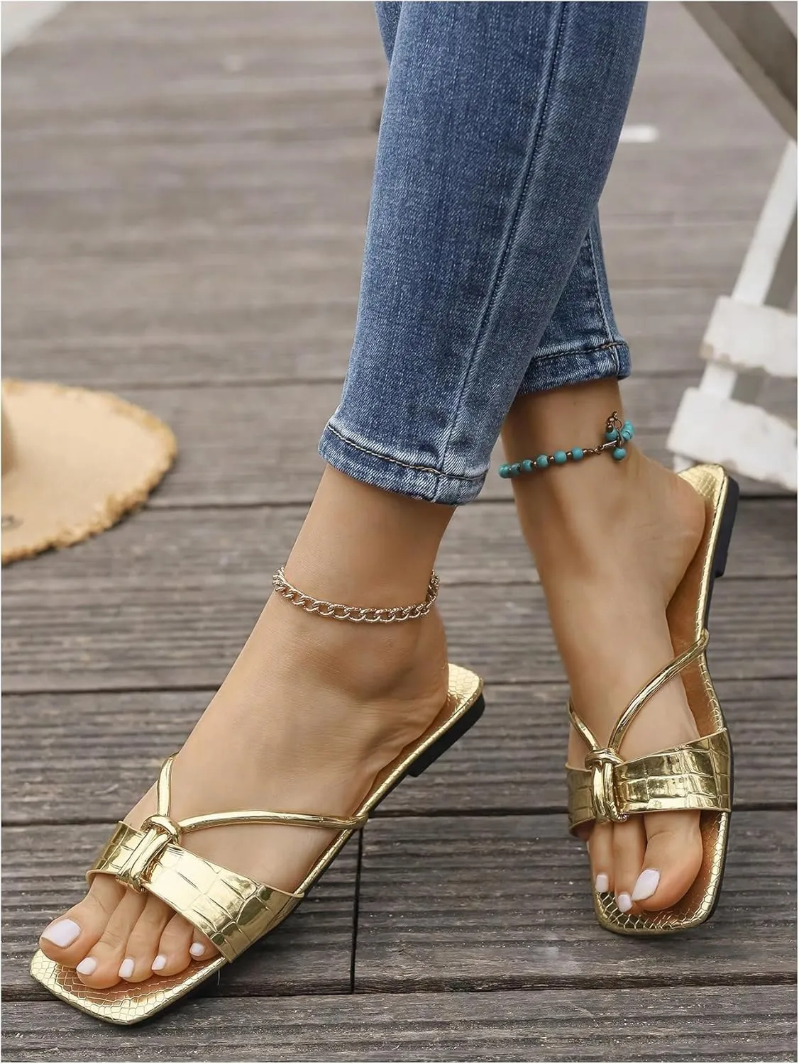 GORGLITTER Women's Metallic Strappy Square Open Toe Sandals Crocodile Embossed Slip On Flats