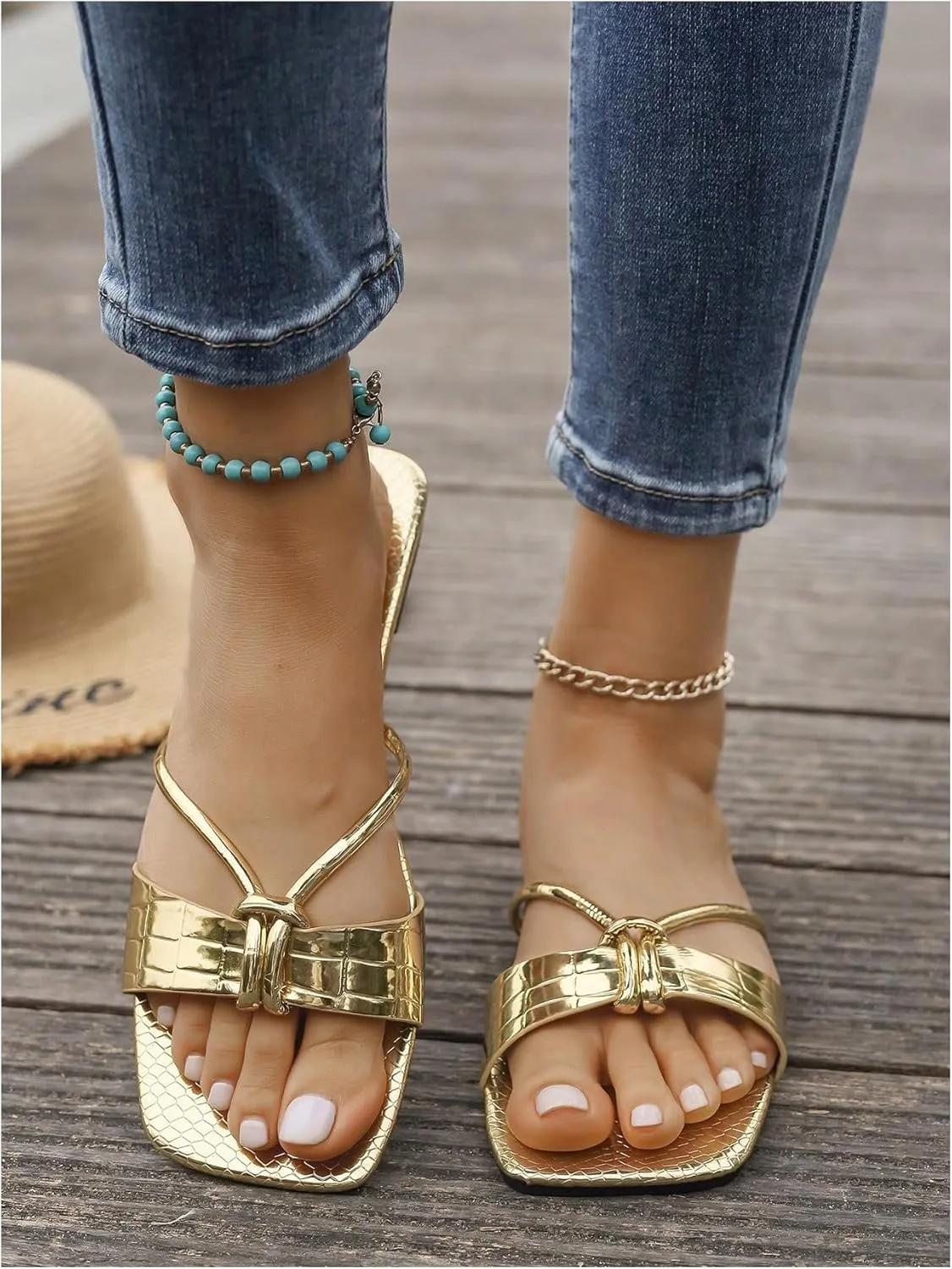 GORGLITTER Women's Metallic Strappy Square Open Toe Sandals Crocodile Embossed Slip On Flats