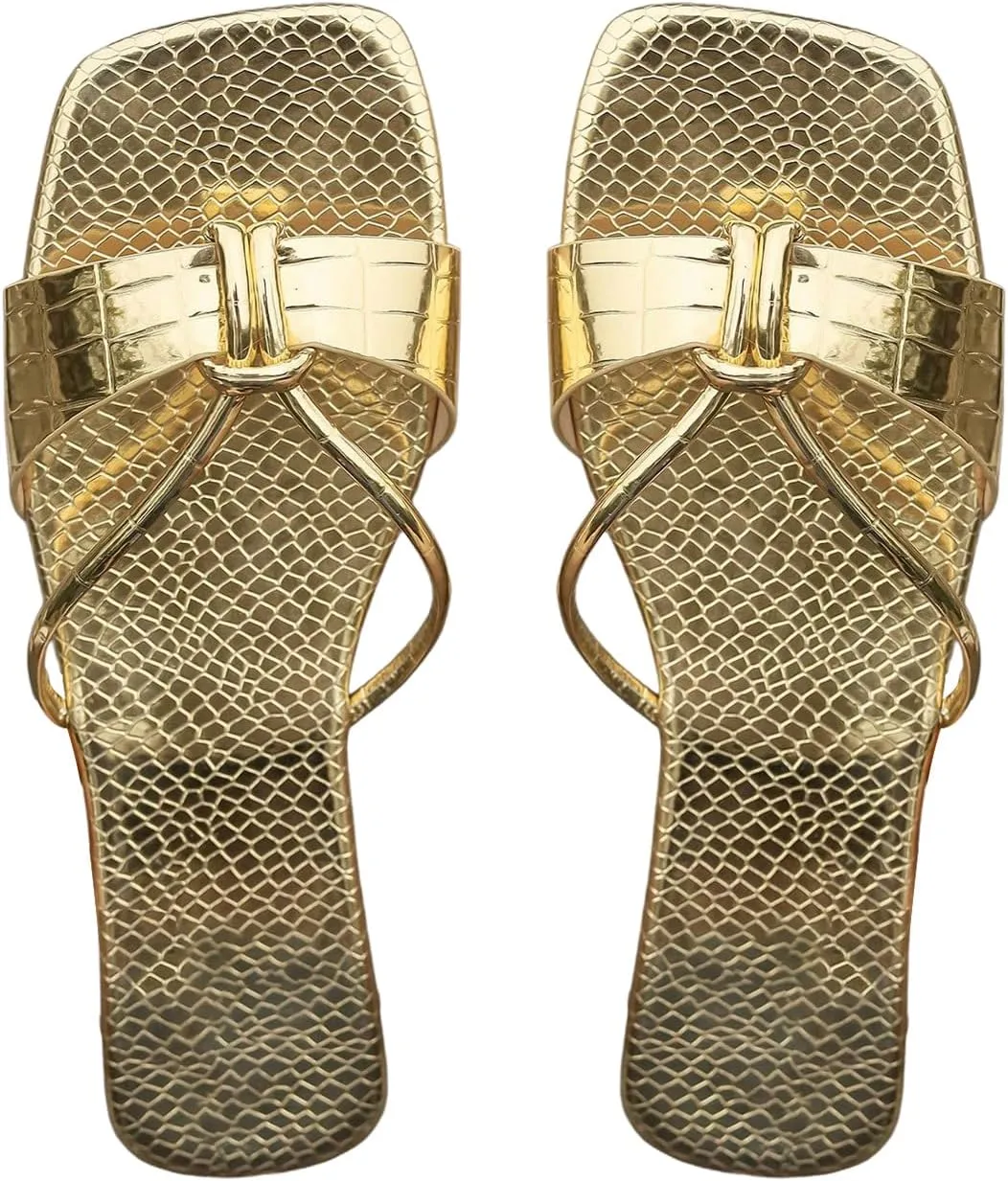 GORGLITTER Women's Metallic Strappy Square Open Toe Sandals Crocodile Embossed Slip On Flats