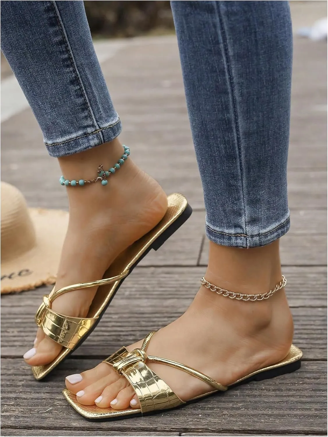 GORGLITTER Women's Metallic Strappy Square Open Toe Sandals Crocodile Embossed Slip On Flats
