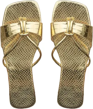 GORGLITTER Women's Metallic Strappy Square Open Toe Sandals Crocodile Embossed Slip On Flats
