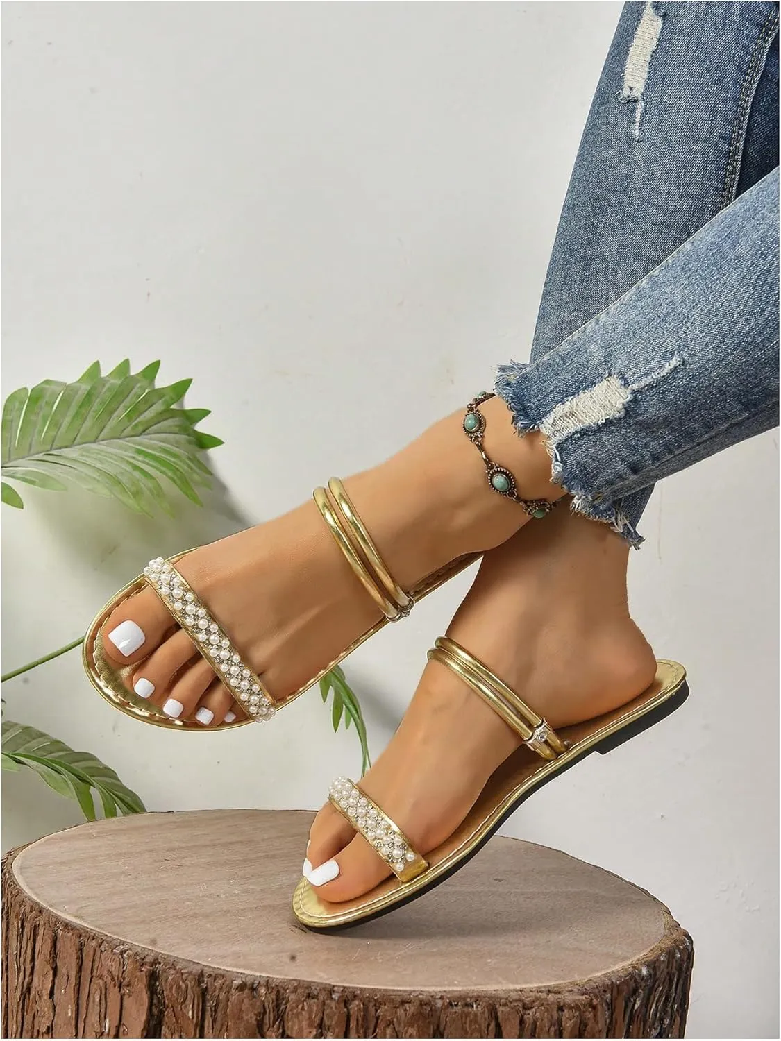 GORGLITTER Women's Pearl Beaded Flat Sandals Metallic Sparkly Open Toe Dressy Slide Sandals