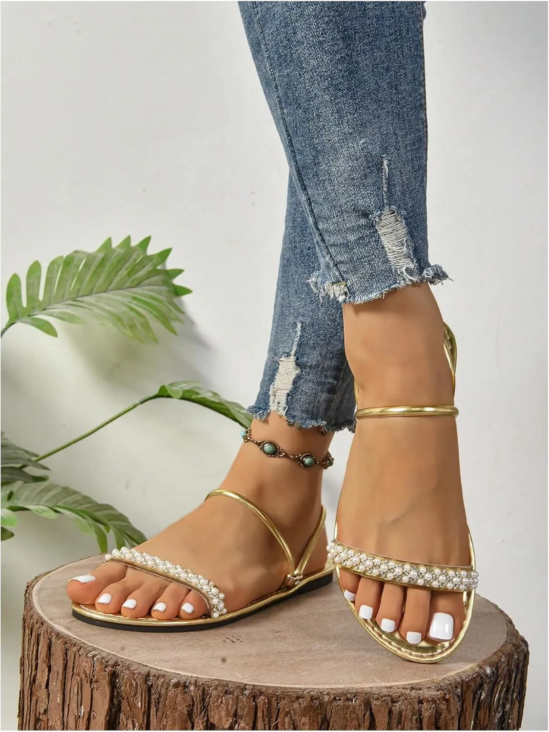GORGLITTER Women's Pearl Beaded Flat Sandals Metallic Sparkly Open Toe Dressy Slide Sandals