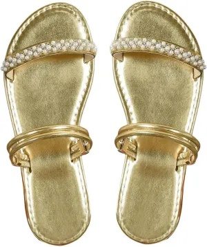 GORGLITTER Women's Pearl Beaded Flat Sandals Metallic Sparkly Open Toe Dressy Slide Sandals