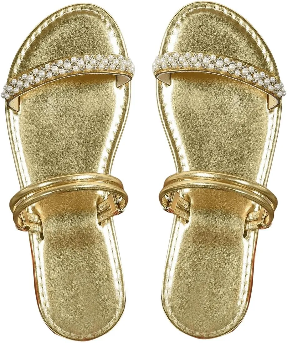 GORGLITTER Women's Pearl Beaded Flat Sandals Metallic Sparkly Open Toe Dressy Slide Sandals