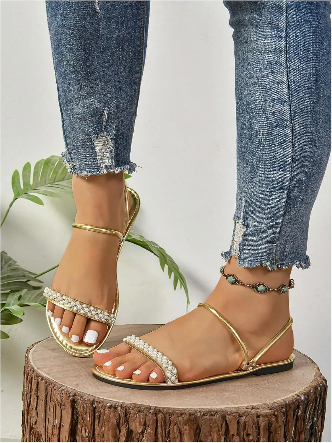 GORGLITTER Women's Pearl Beaded Flat Sandals Metallic Sparkly Open Toe Dressy Slide Sandals