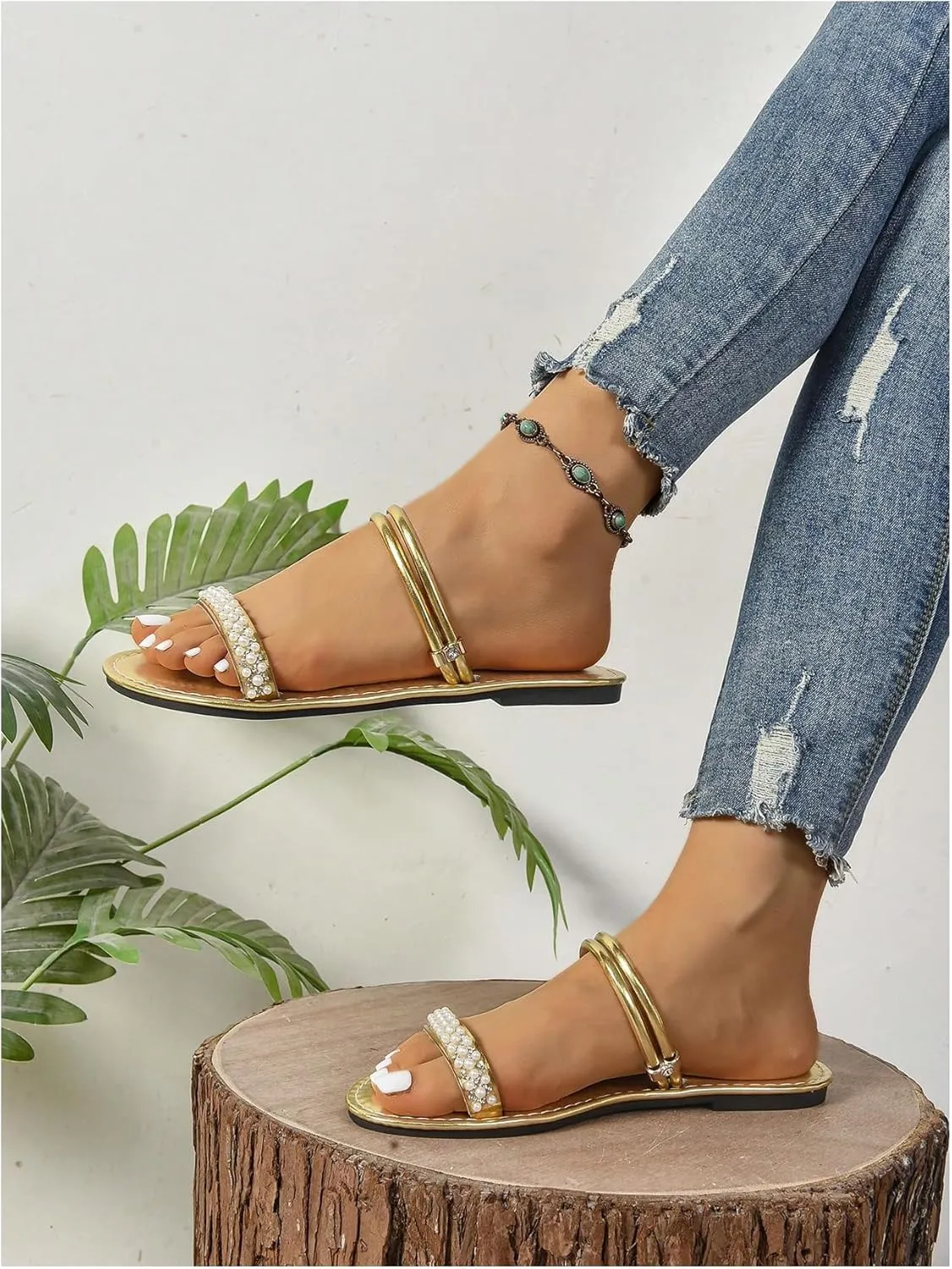 GORGLITTER Women's Pearl Beaded Flat Sandals Metallic Sparkly Open Toe Dressy Slide Sandals