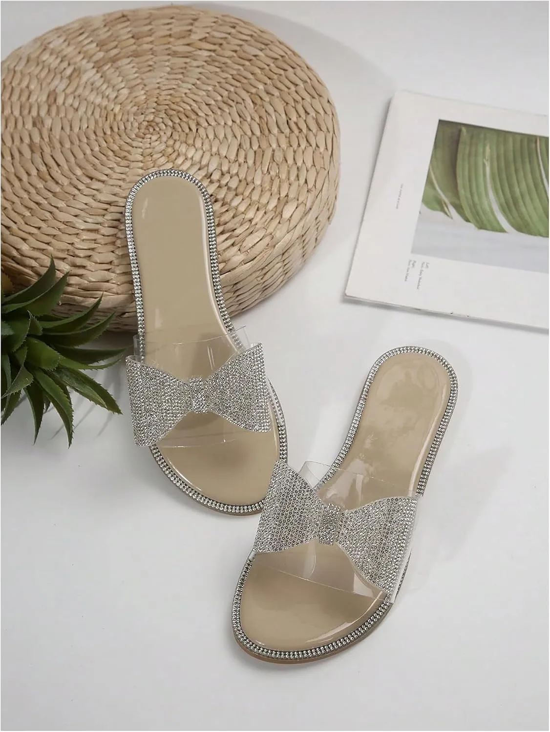 GORGLITTER Women's Rhinestone Bow Flat Clear Sandals Open Toe Slip on Summer Slide Sandals